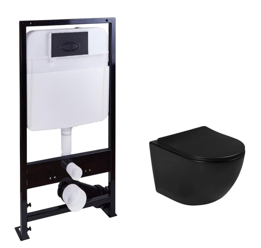 Унитаз подвесной SantiLine SL-5005T-MB+SL-03 с инсталляцией и кнопкой, черный матовый