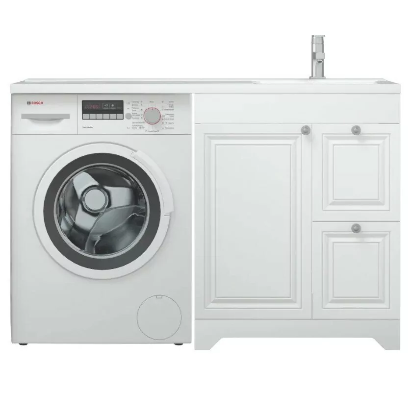 Тумба напольная Corozo Леон 68 с раковиной Мадлен 130 R под стиральную машину, белая