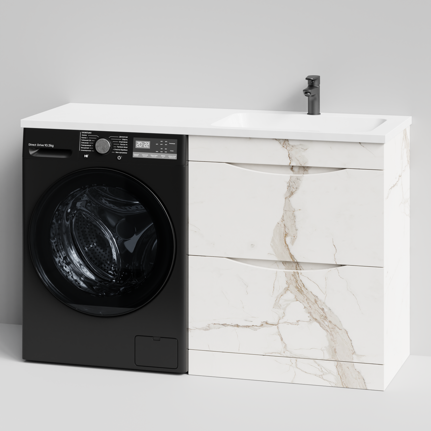 Тумба Vod-ok 68 с раковиной Смайл 130 напольная, под стиральную машину, правая, Мрамор Белый натур милк
