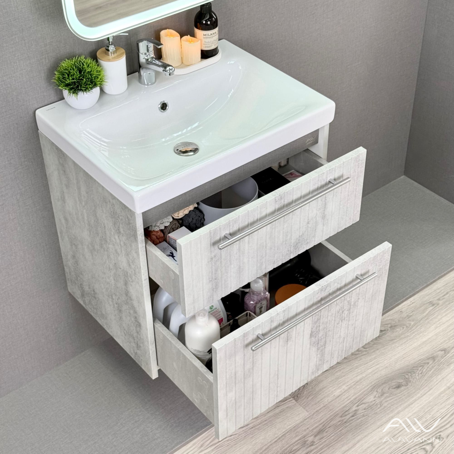 Тумба подвесная Alavann Emma 60 с раковиной Moduo 60, серый бетон