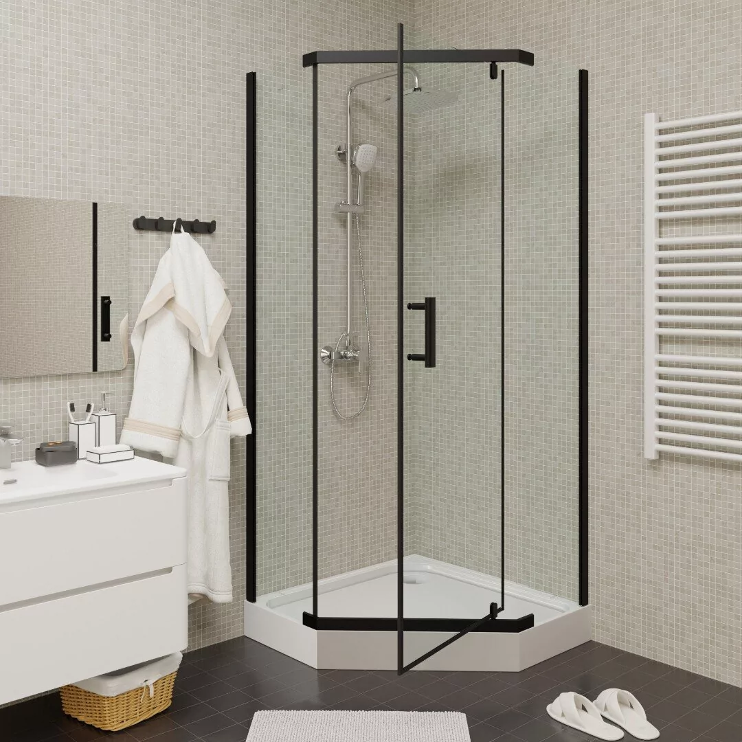 Душевой уголок Parly ZPE911B пятиугольный, с низким поддоном, прозрачное стекло, черный