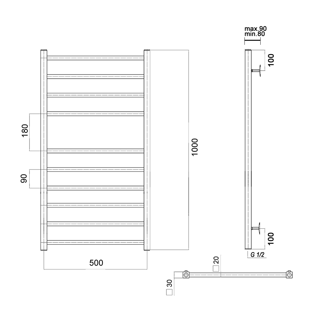 Полотенцесушитель водяной Domoterm Квадро П10 500х1000