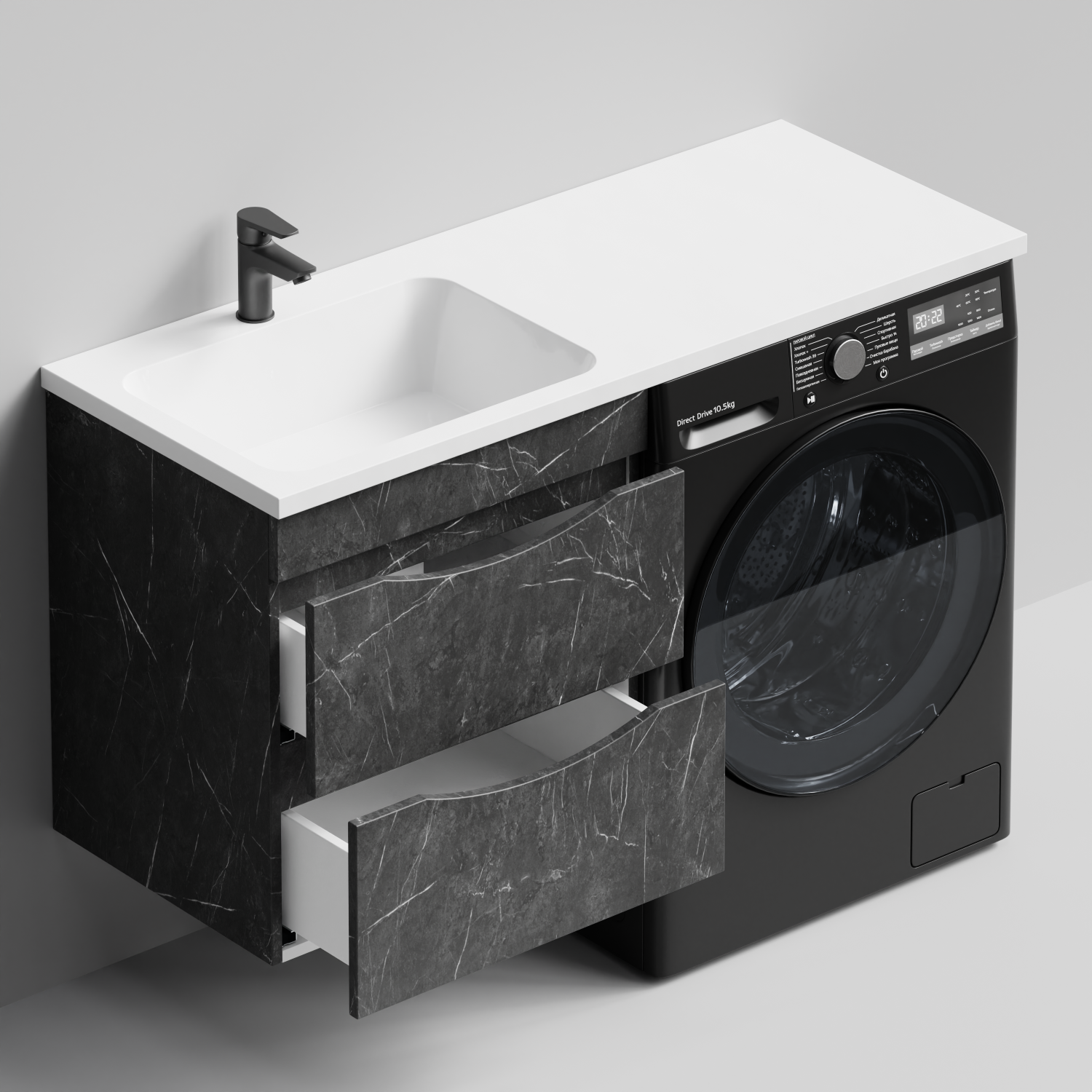Тумба Vod-ok 58 с раковиной Смайл 120 подвесная, под стиральную машину, левая, Мрамор Графит софт тач
