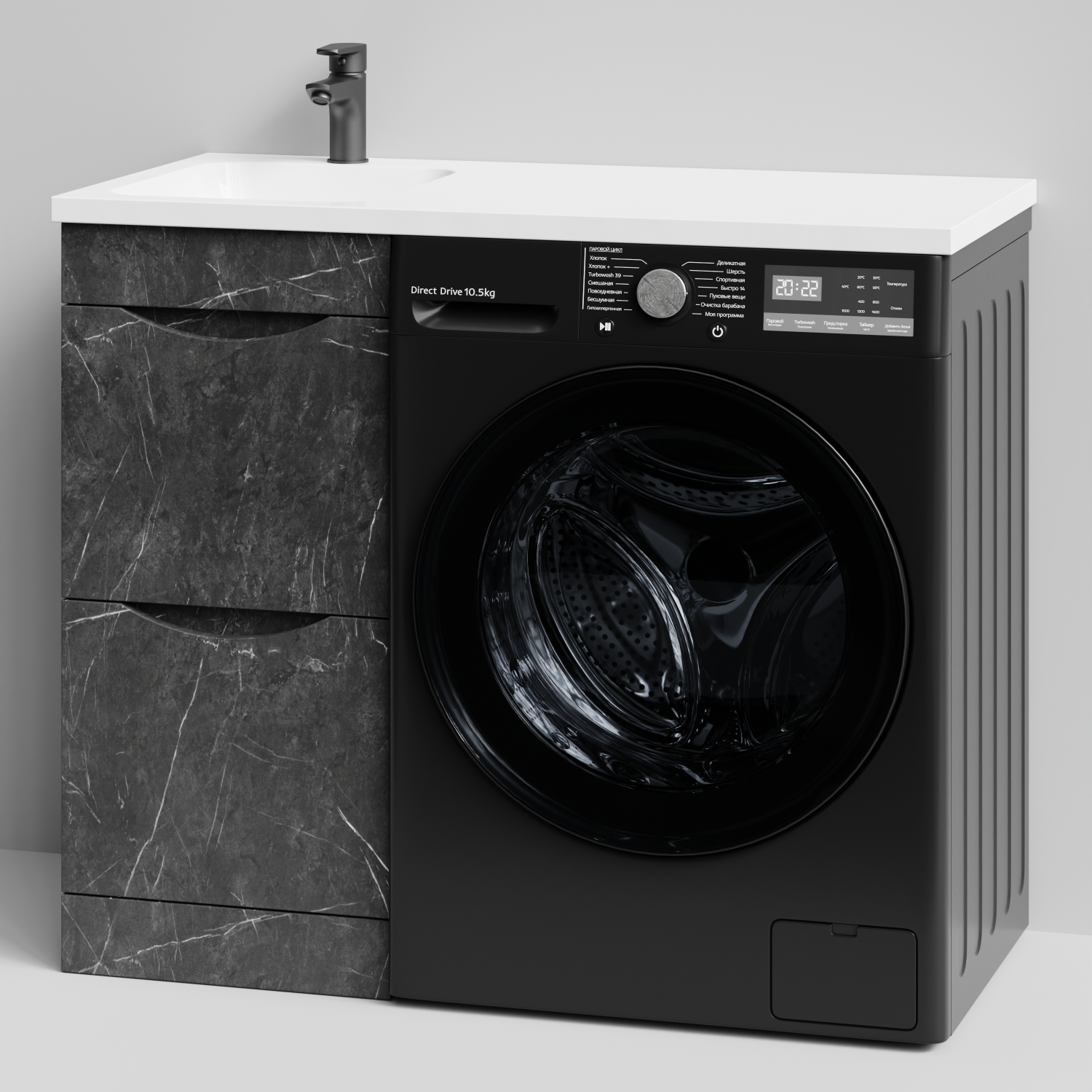 Тумба Vod-ok 38 с раковиной Смайл 100 напольная, под стиральную машину, левая, Мрамор Графит софт тач