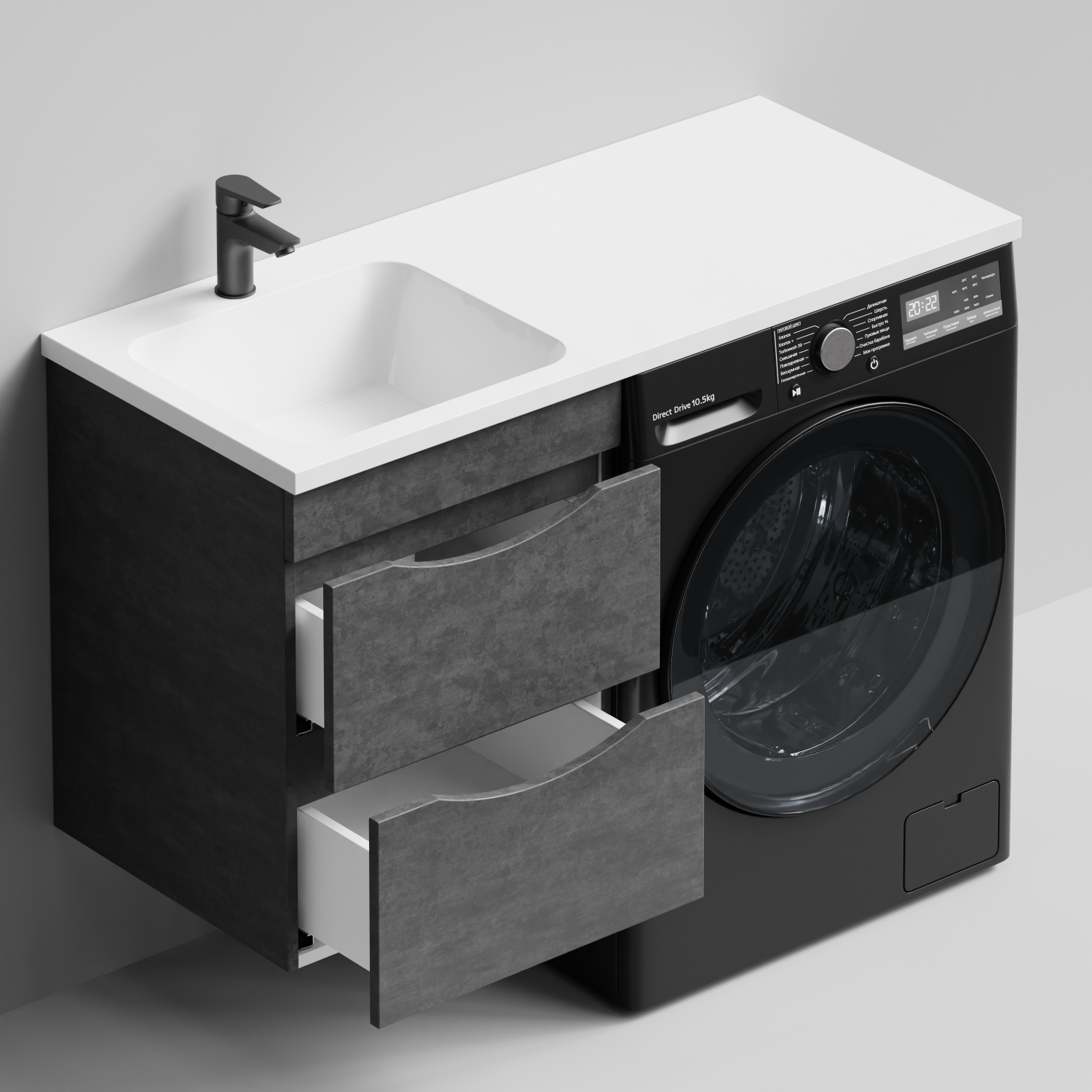 Тумба Vod-ok 48 с раковиной Смайл 110 подвесная, под стиральную машину, левая, Серый камень