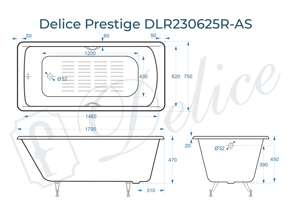 Ванна чугунная Delice Prestige 170х75 DLR230625R-AS с отверстиями под ручки и антискользящим покрытием