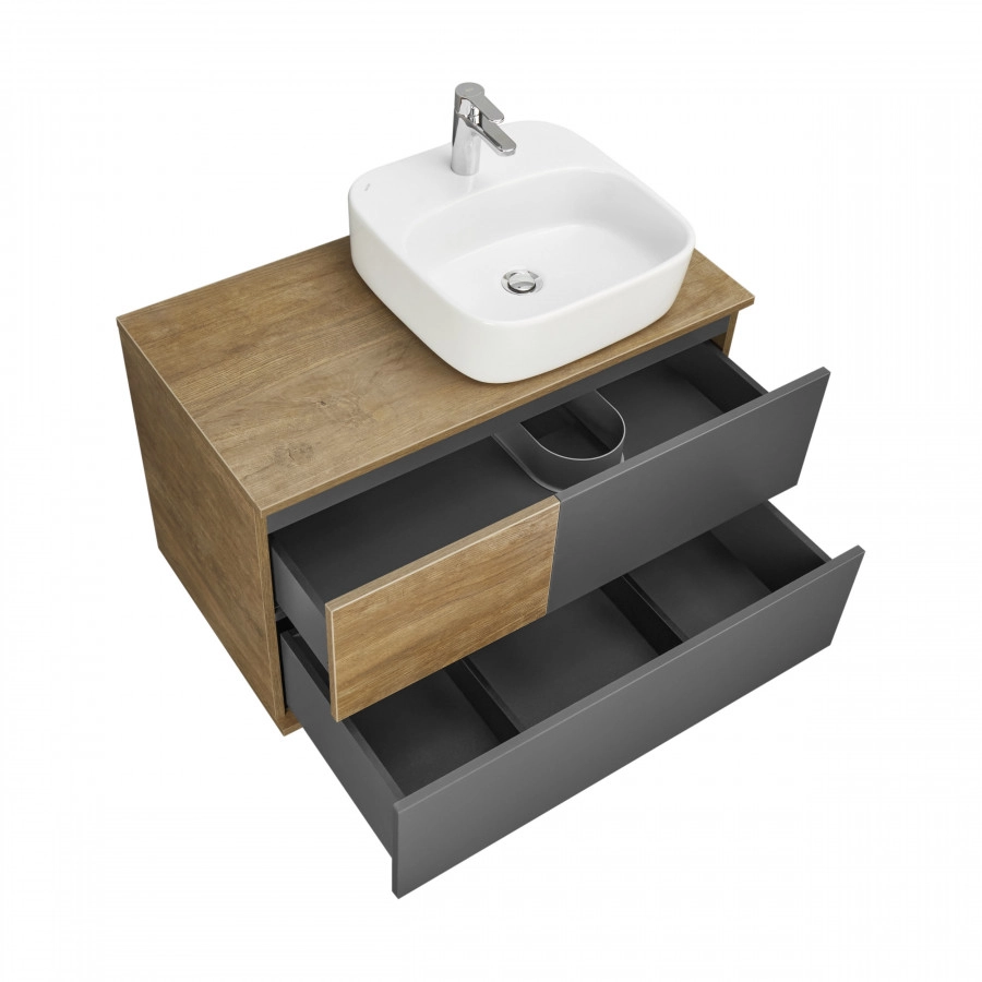 Тумба подвесная Aquaton Терра 85 с раковиной Одри 42х42, дуб кантри, антрацит
