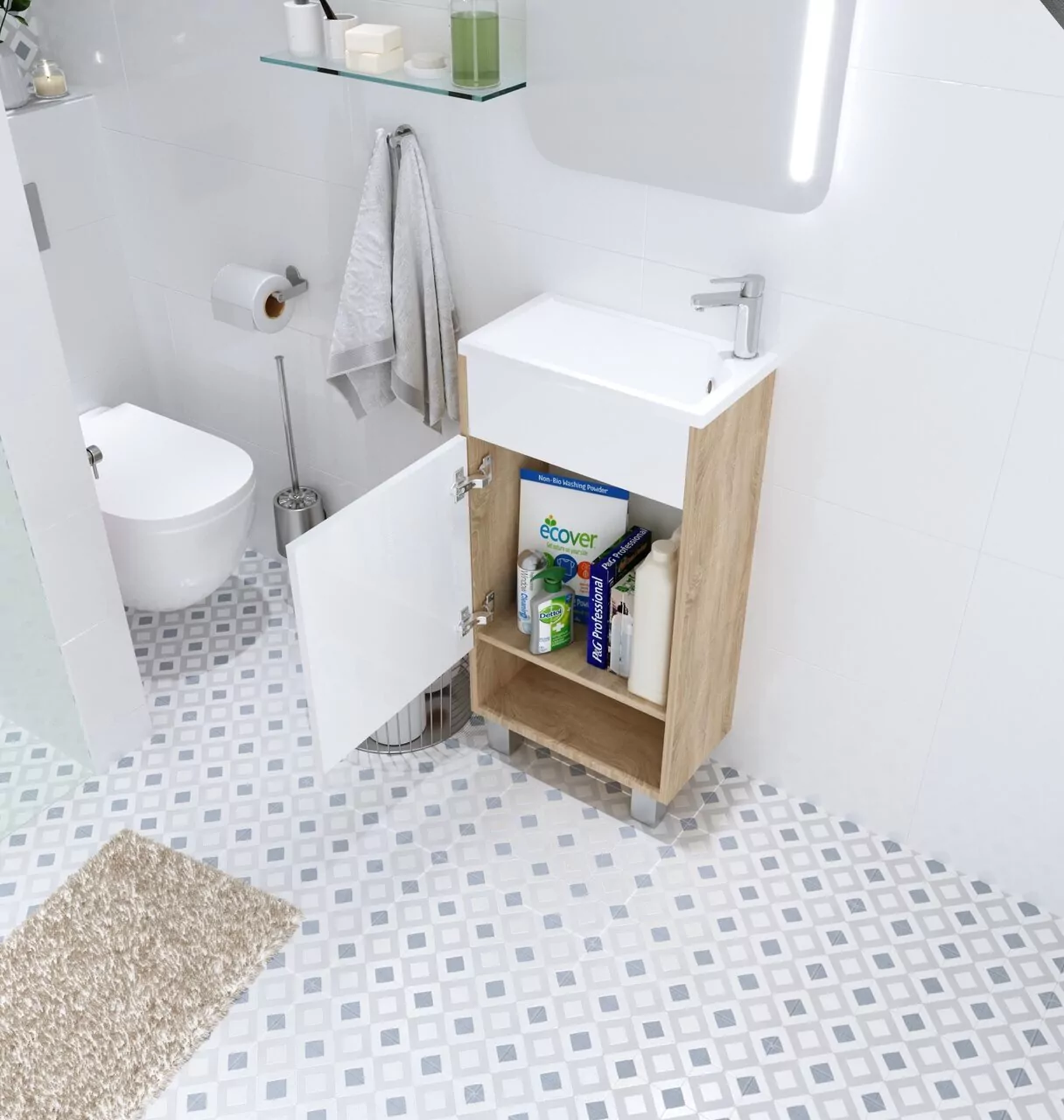 Тумба напольная 1Marka Lira 40Н L с раковиной Poly 40, 1 дверь, белый/дуб сонома