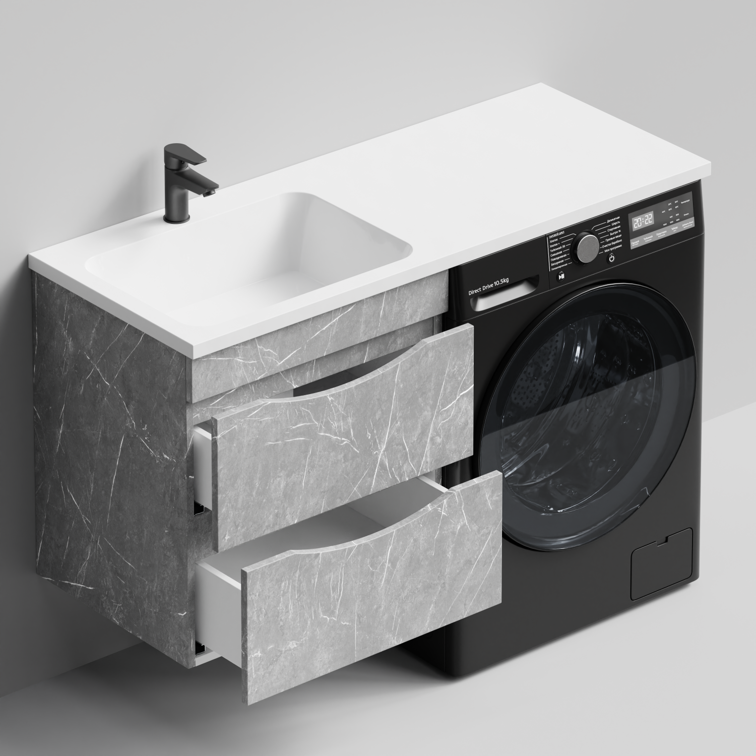Тумба Vod-ok 58 с раковиной Смайл 120 подвесная, под стиральную машину, левая, Мрамор Белый софт тач