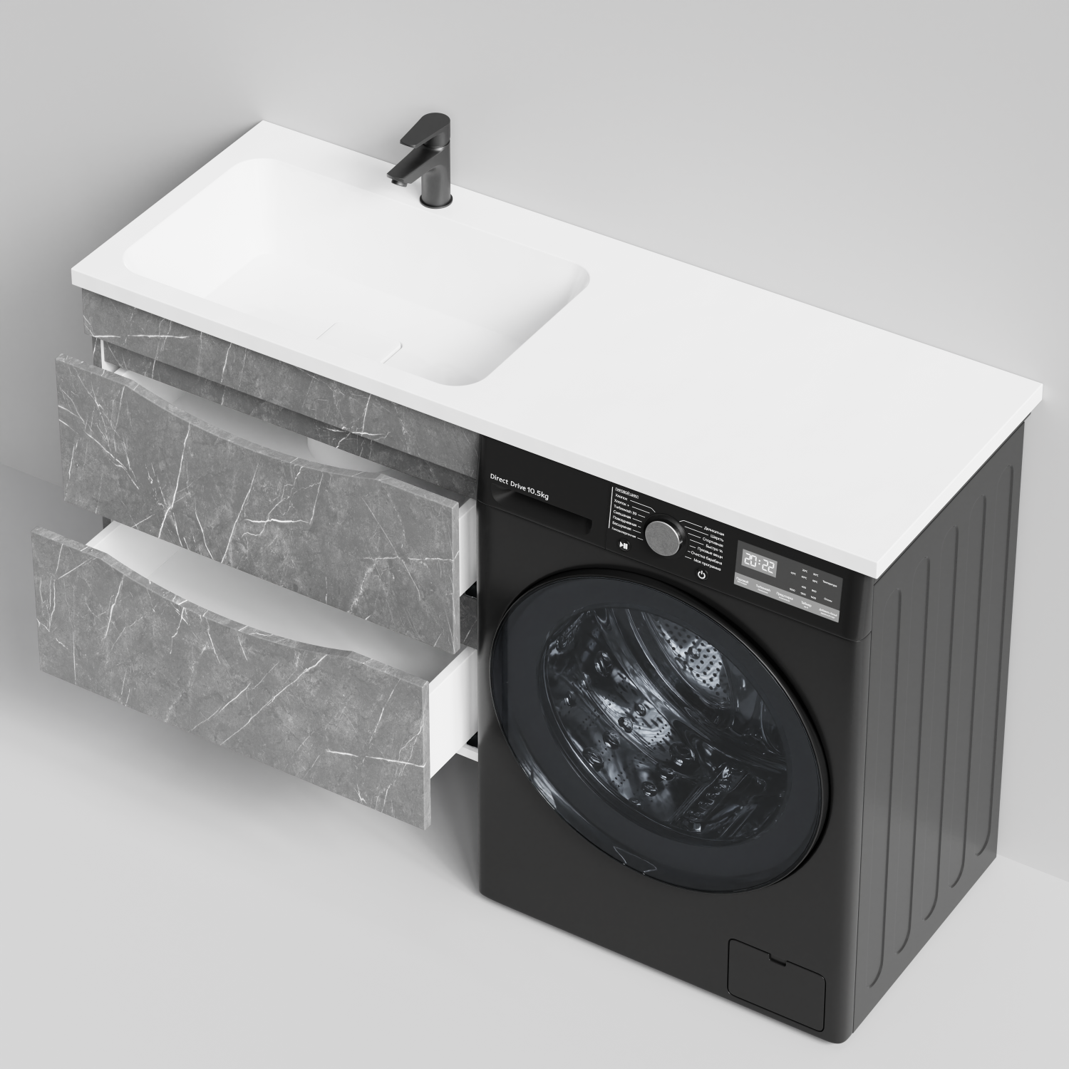 Тумба Vod-ok 68 с раковиной Смайл 130 подвесная, под стиральную машину, левая, Мрамор Серый софт тач