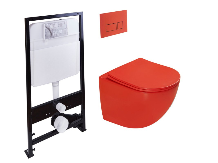 Унитаз подвесной SantiLine SL-5005T-MR+SL-01/MR с инсталляцией и кнопкой, красный матовый