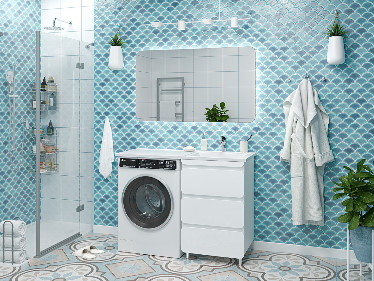 Тумба напольная Misty Чегет 55 под стиральную машину, с раковиной Эстет Даллас 120 R, белый