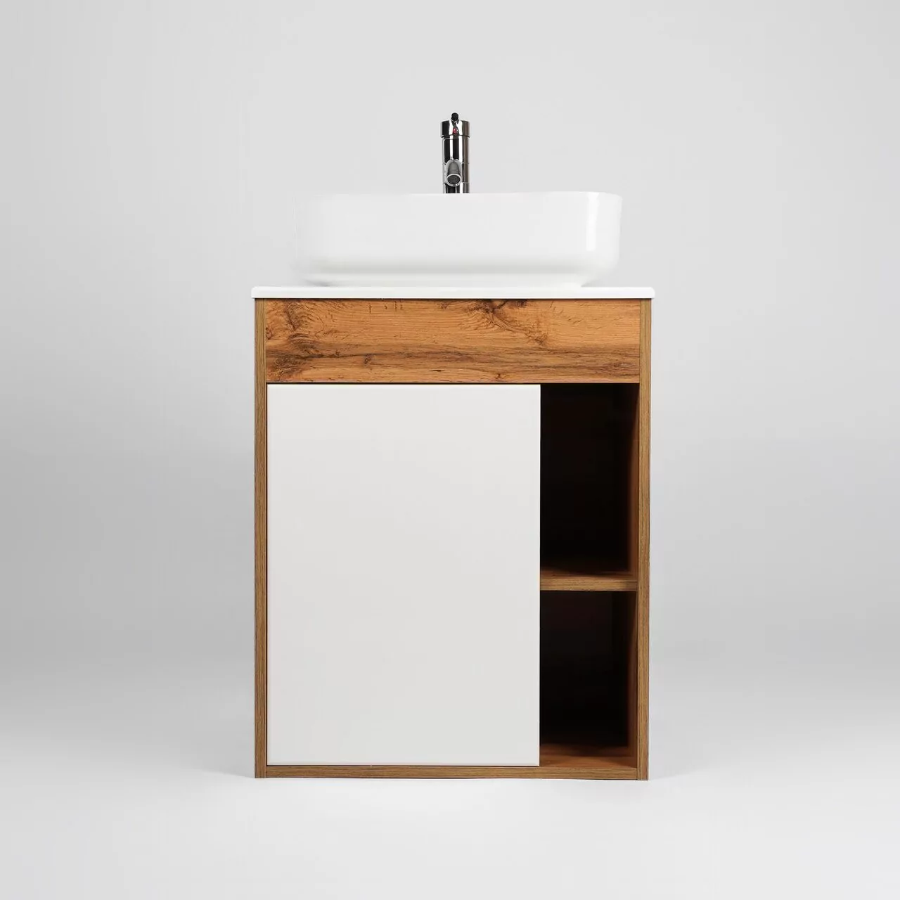 Тумба подвесная Viant Бостон 56 с раковиной Moduo 50, 1 дверь, белый/дуб вотан