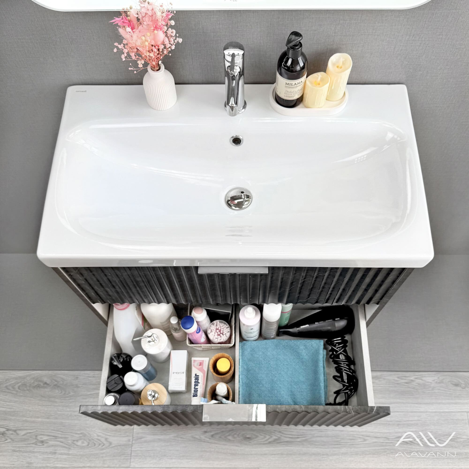 Тумба подвесная Alavann Anna 80 с раковиной Moduo 80, черный мрамор