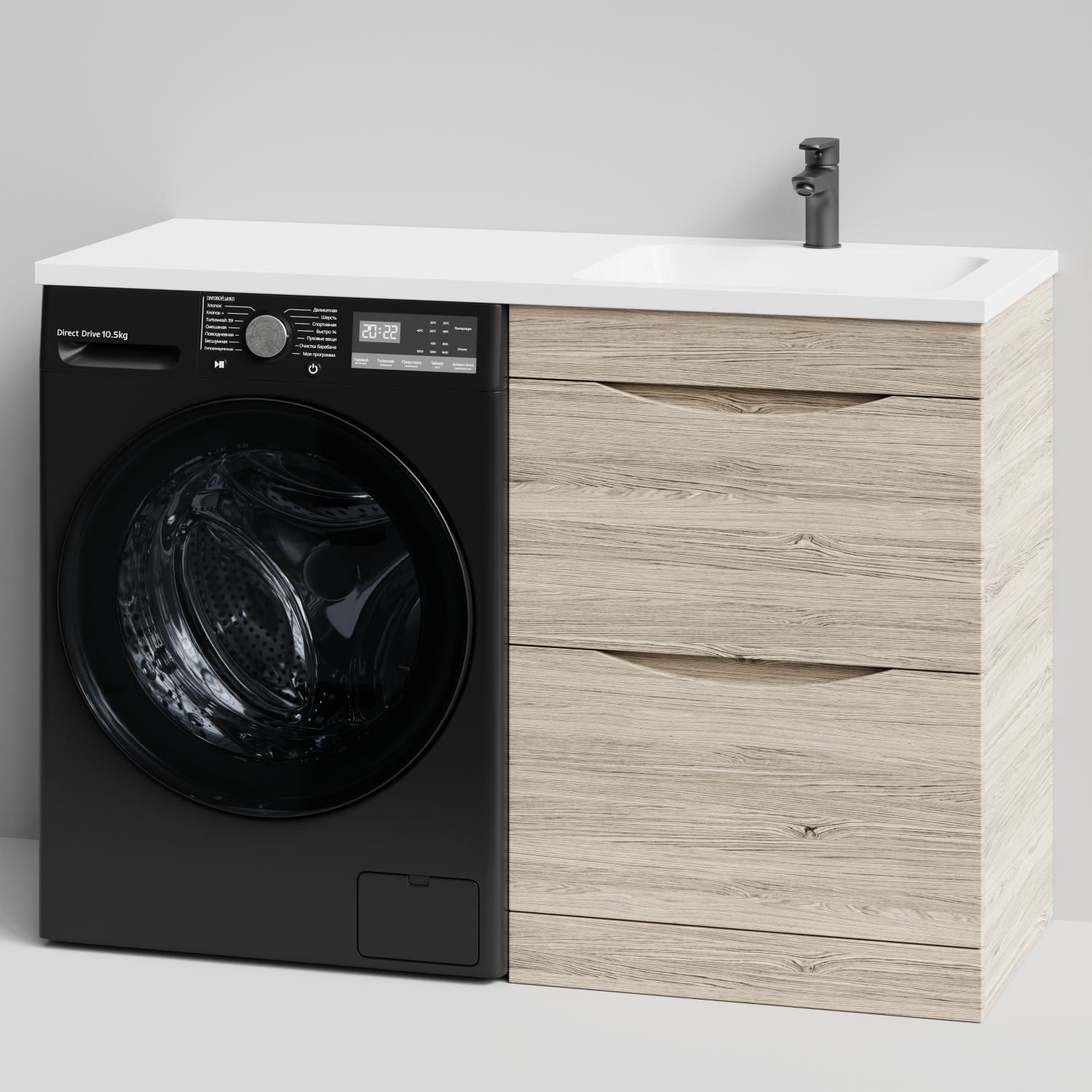 Тумба Vod-ok 58 с раковиной Смайл 120 напольная, под стиральную машину, правая, Дубослив ореховый светлый