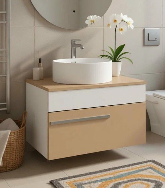 Тумба подвесная Runo Вудлайн 65 с раковиной Palla D41 круг, белый/крем