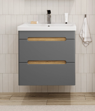 Тумба подвесная SanStar Diva 60 с раковиной Фостер 60, дуб вотан, графит софт