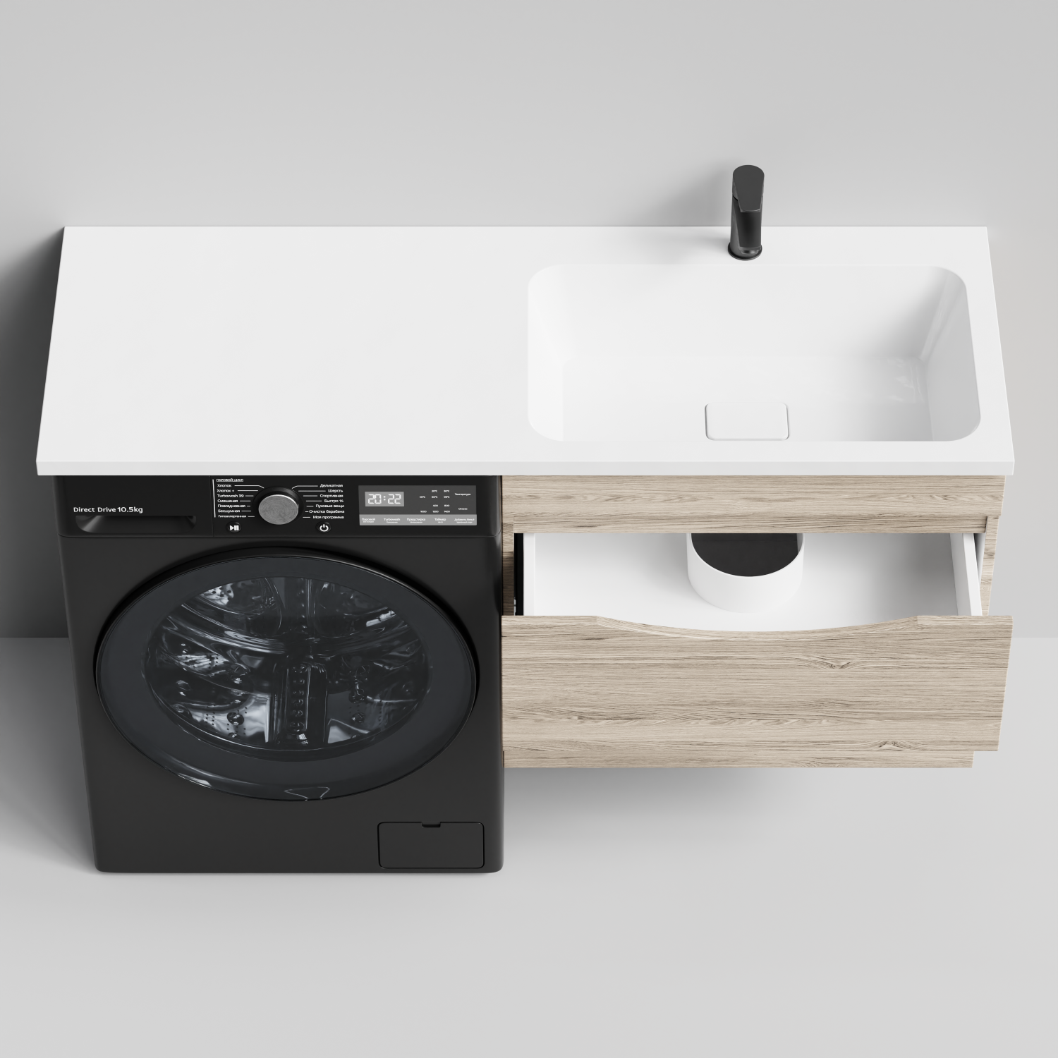 Тумба Vod-ok 68 с раковиной Смайл 130 подвесная, под стиральную машину, правая, Дубослив ореховый светлый