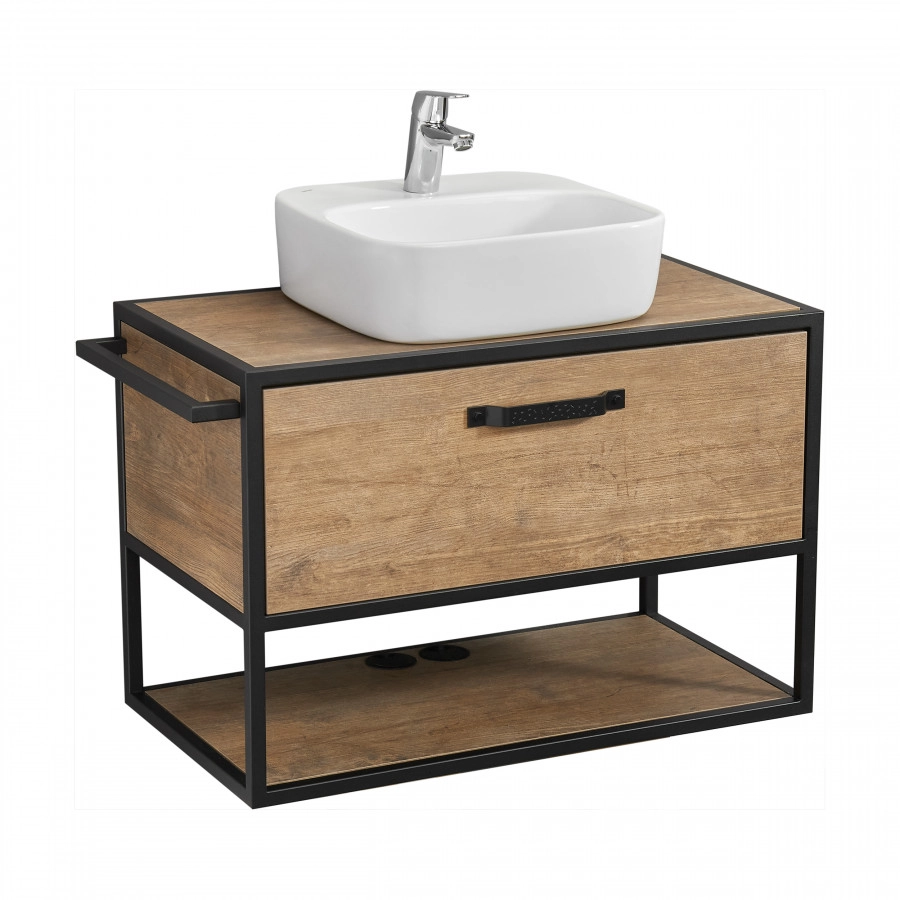 Тумба подвесная Aquaton Лофт Фабрик 80 с раковиной Одри 42х42 Soft, дуб кантри