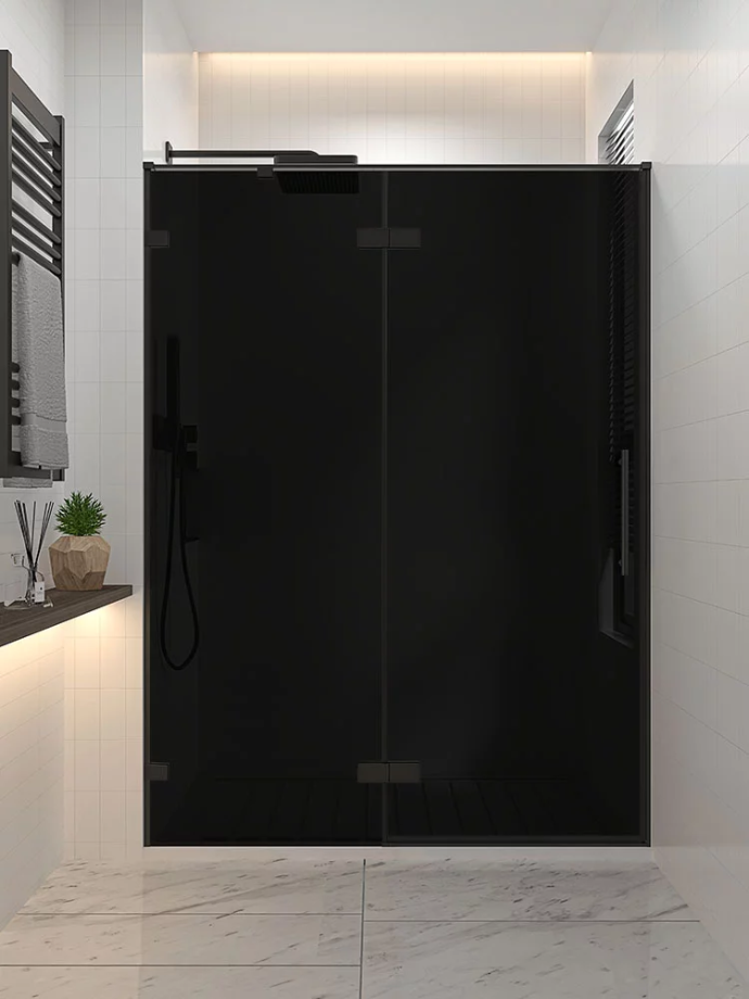 Душевая дверь распашная Veconi Premium Alassio BB, 1400х2000, черный матовый, стекло черное