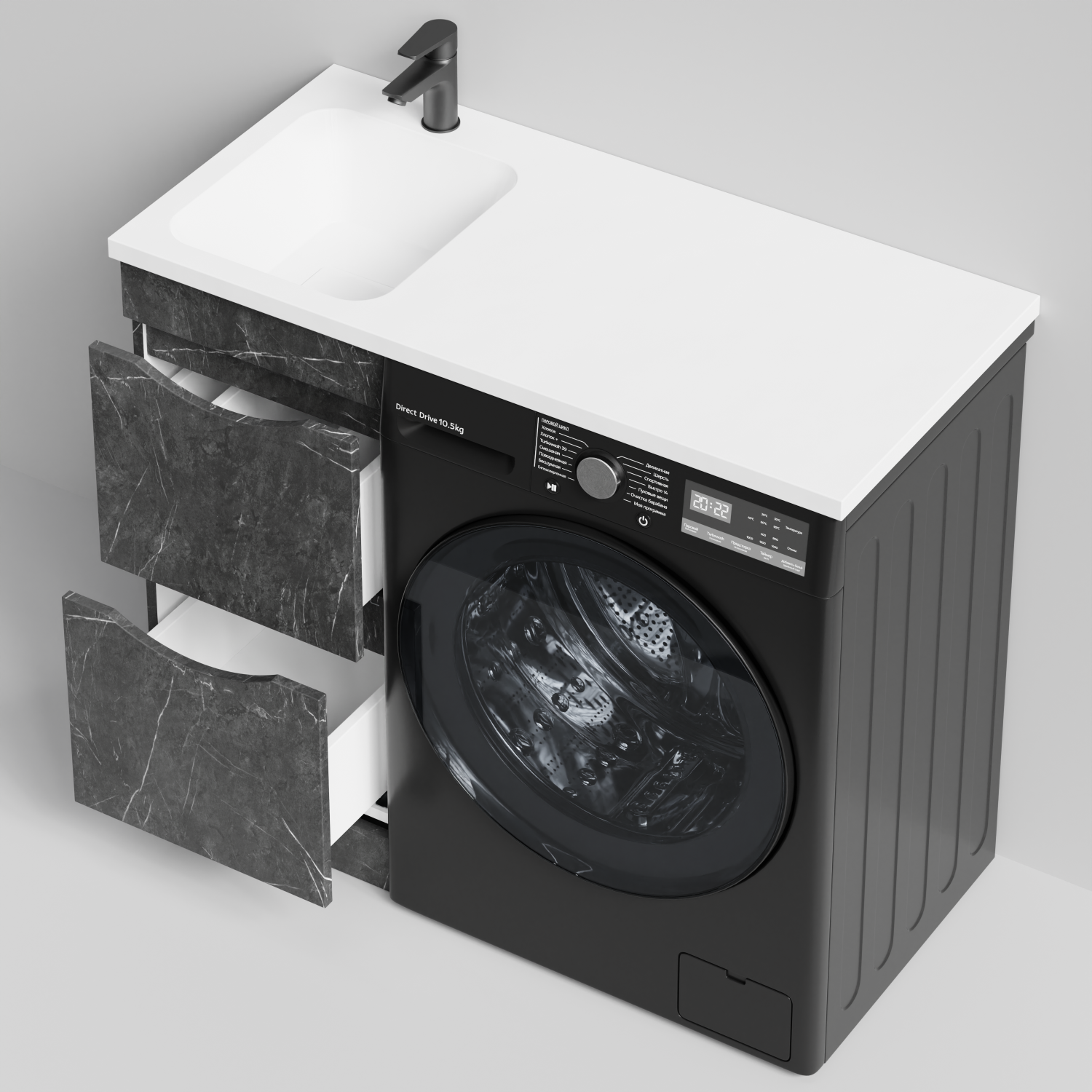 Тумба Vod-ok 38 с раковиной Смайл 100 напольная, под стиральную машину, левая, Мрамор Графит софт тач
