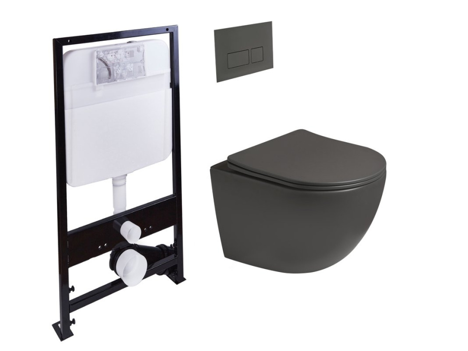 Унитаз подвесной SantiLine SL-5005T-DG+SL-01/DG с инсталляцией и кнопкой, темно-серый матовый