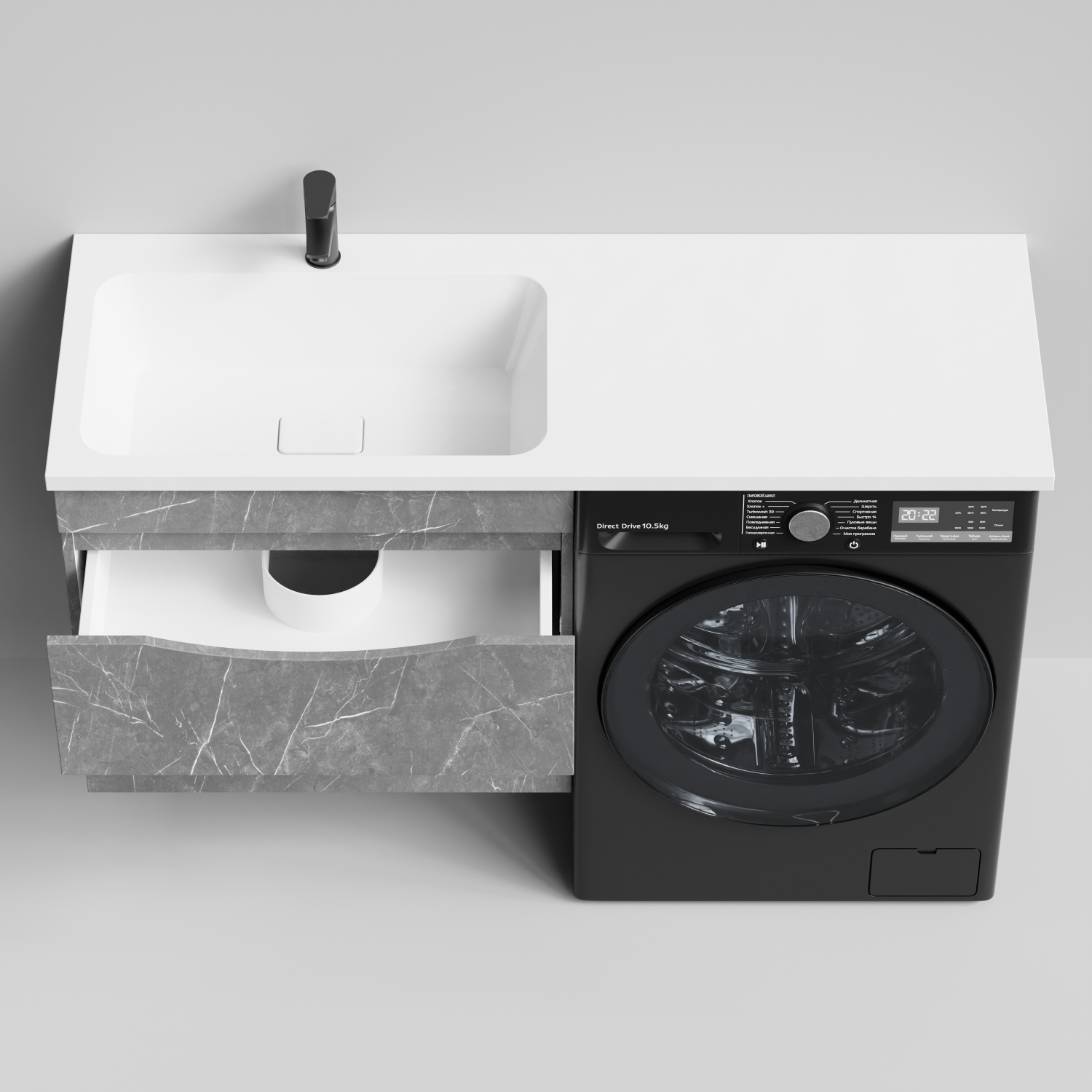 Тумба Vod-ok 68 с раковиной Смайл 130 подвесная, под стиральную машину, левая, Мрамор Серый софт тач