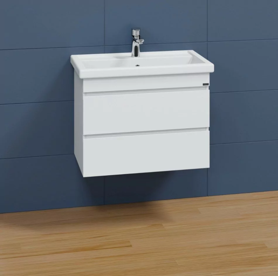 Тумба подвесная Санта Марс 70 с раковиной Фостер 70, два ящика, белая