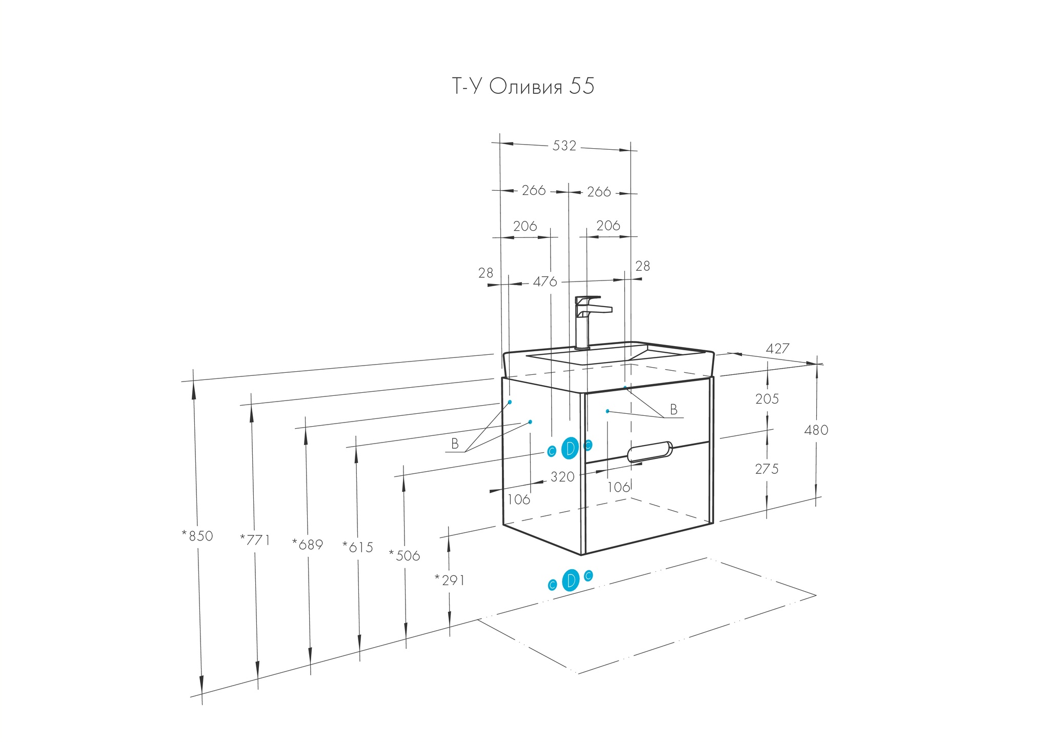 Тумба Aquaton Оливия 55 с раковиной Адриана 55 подвесная, 2 ящика, грей, дуб ойстер