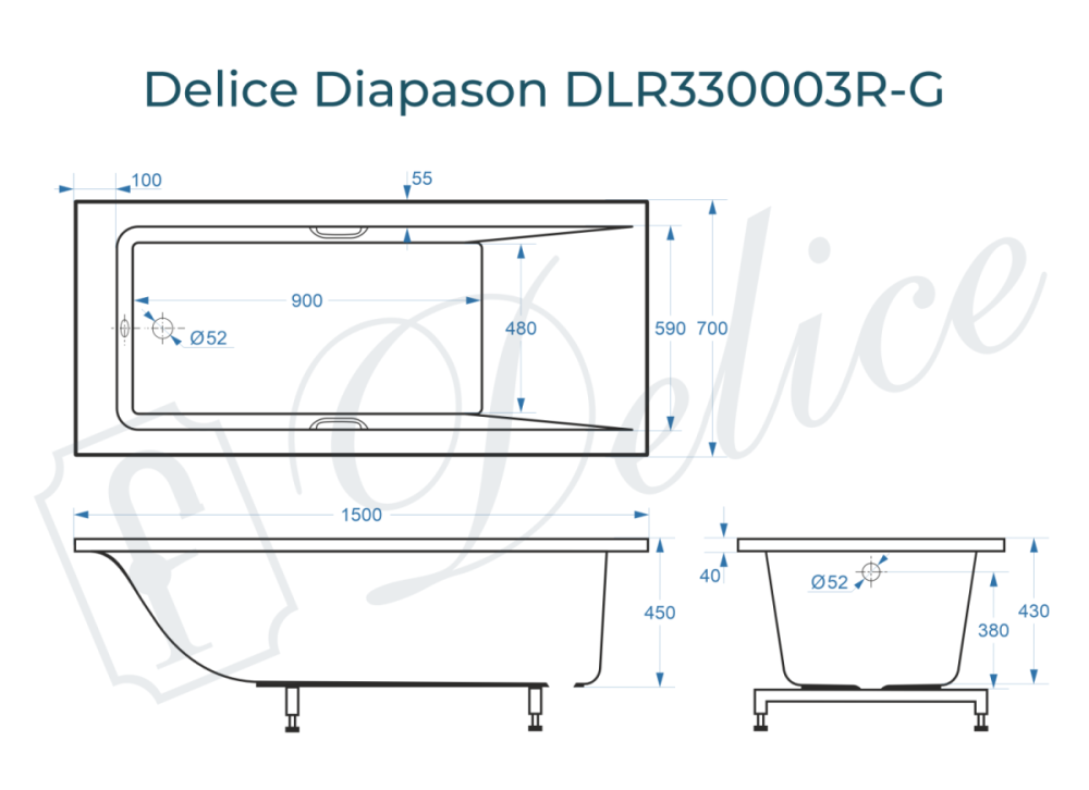 Ванна из литьевого мрамора Delice Diapason 150х70 глянцевая с черными ручками DLR330003RB-G от магазина Vanna-Vanna.ru!