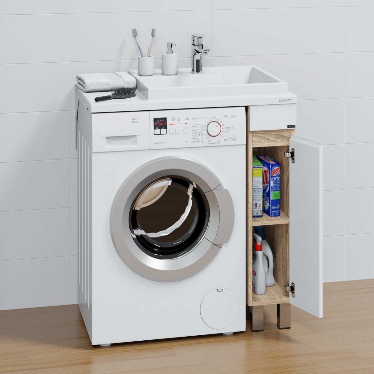 Тумба напольная Санта Марс 19 с раковиной Юпитер 800х500 под стиральную машину, 1 дверь, правая, янтарный, белый