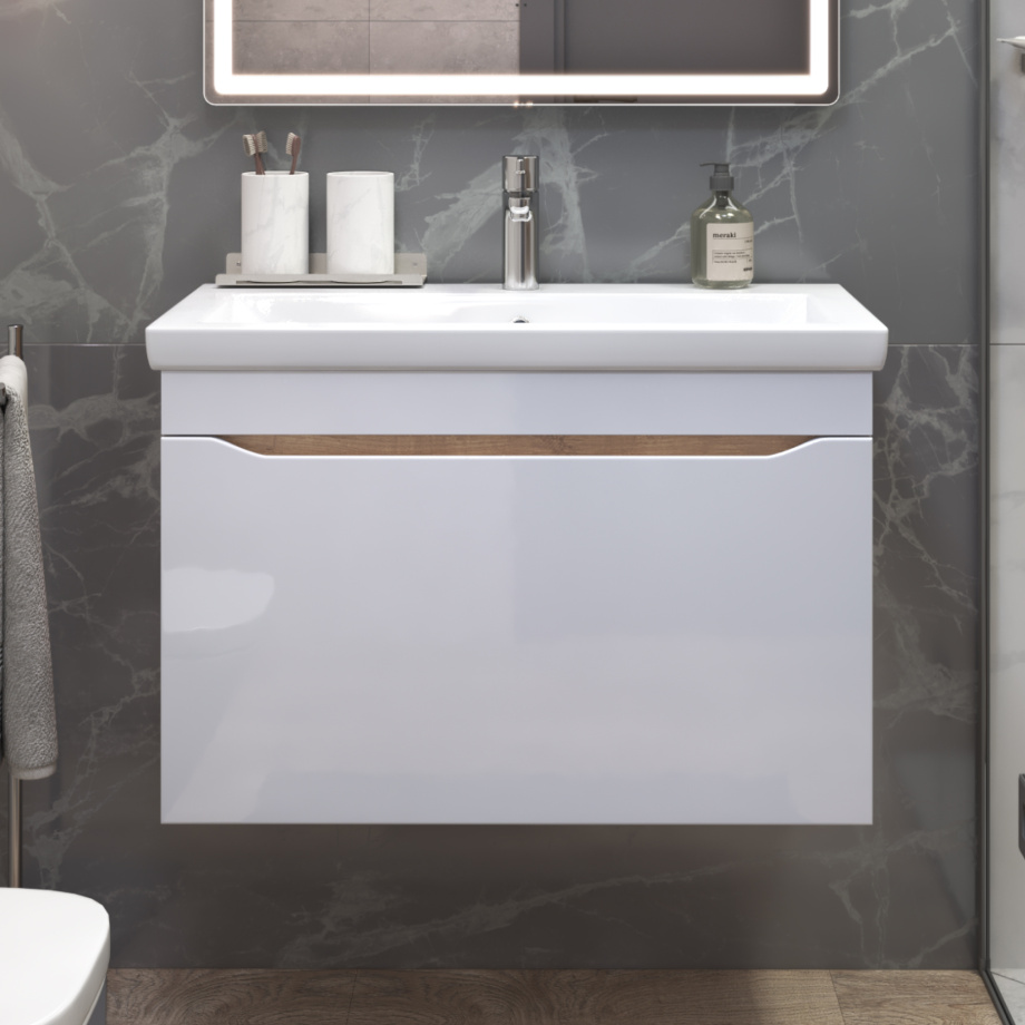 Тумба подвесная Vigo Grani 800-0-1 с раковиной Como 80, 1 ящик, дуб золотой