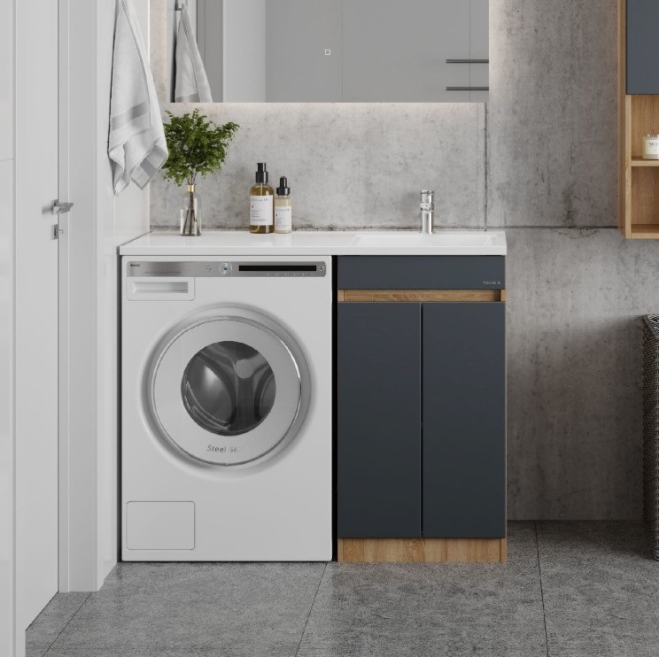 Тумба напольная Onika Милтон Нова 48 с раковиной Марсал 110 под стиральную машину, правая, серая/дуб сонома