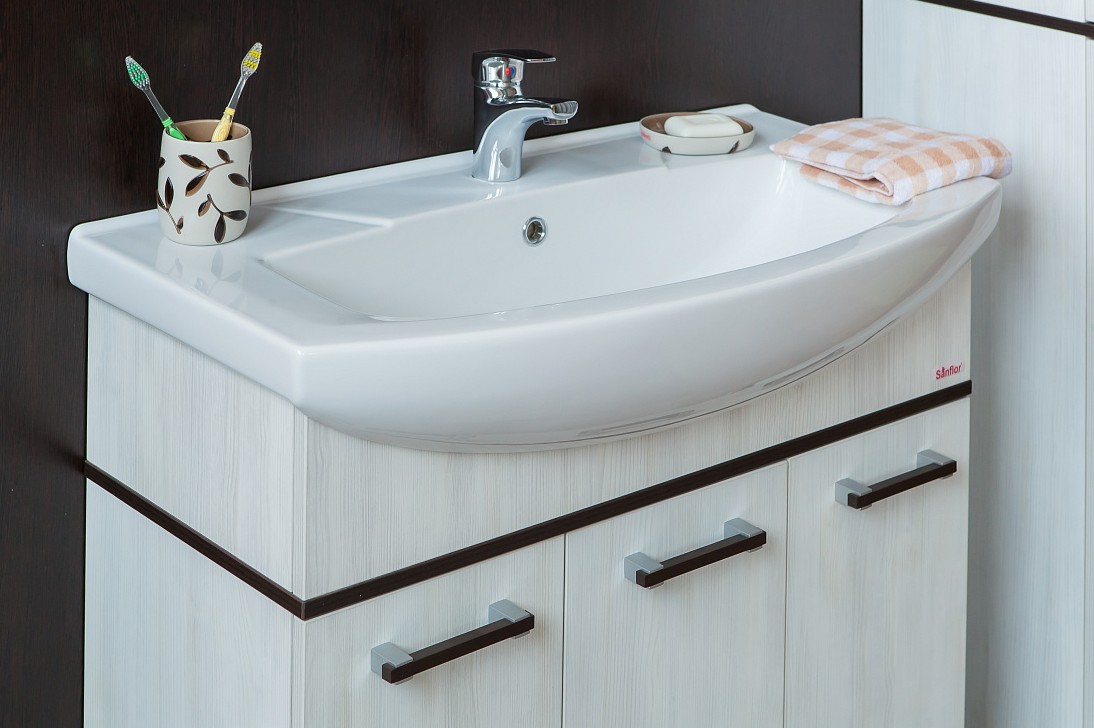 Тумба Sanflor Толедо 85 с раковиной Элеганс 85 напольная, венге, северное дерево светлое