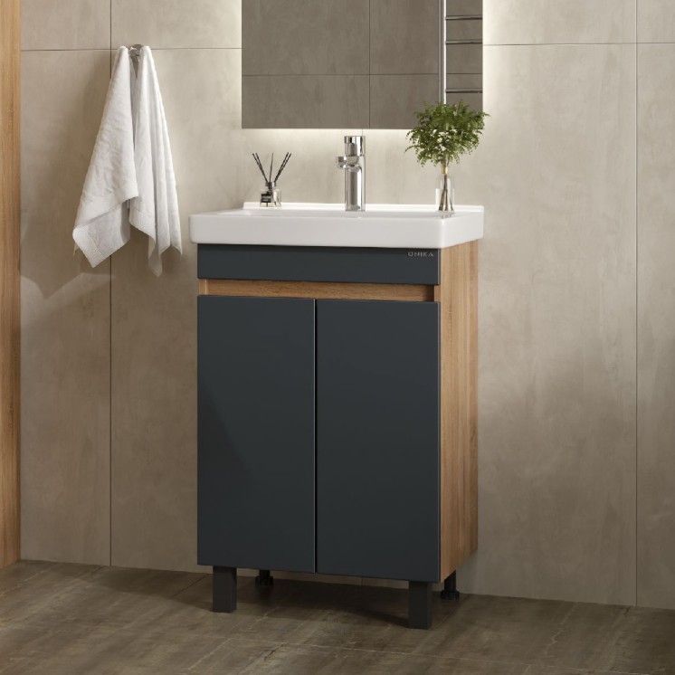 Тумба с раковиной Onika Милтон Квадро 55 напольная, серый/дуб сонома