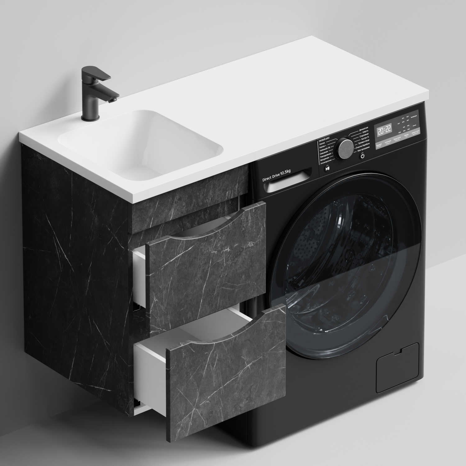 Тумба Vod-ok 38 с раковиной Смайл 100 подвесная, под стиральную машину, левая, Мрамор Графит софт тач