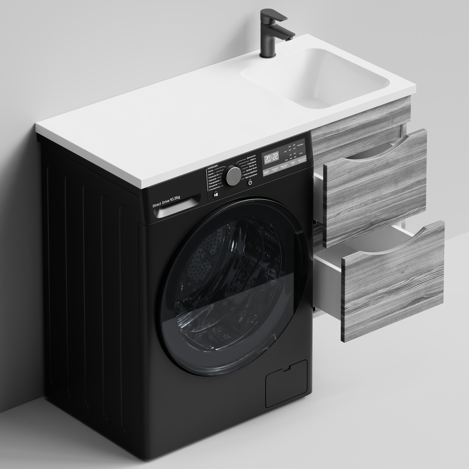 Тумба Vod-ok 38 с раковиной Смайл 100 подвесная, под стиральную машину, правая, Лиственница структурная контрастно-серая