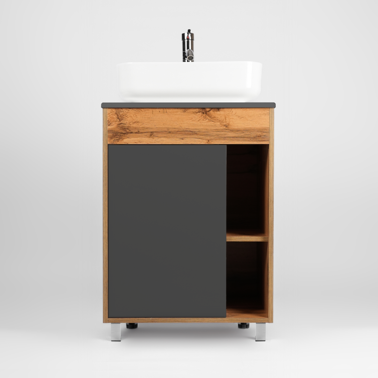 Тумба напольная Viant Бостон 65 с раковиной Moduo 50, 1 дверь, графит/дуб вотан