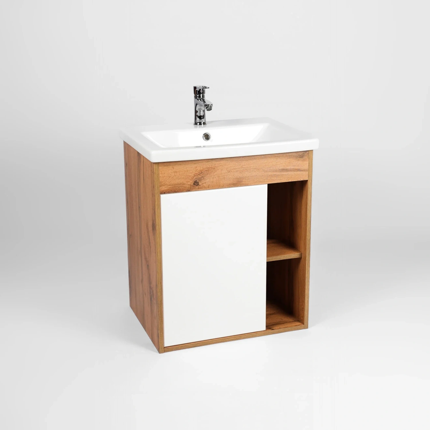 Тумба подвесная Viant Бостон 50 с раковиной Como 50, 1 дверь, белый/дуб вотан