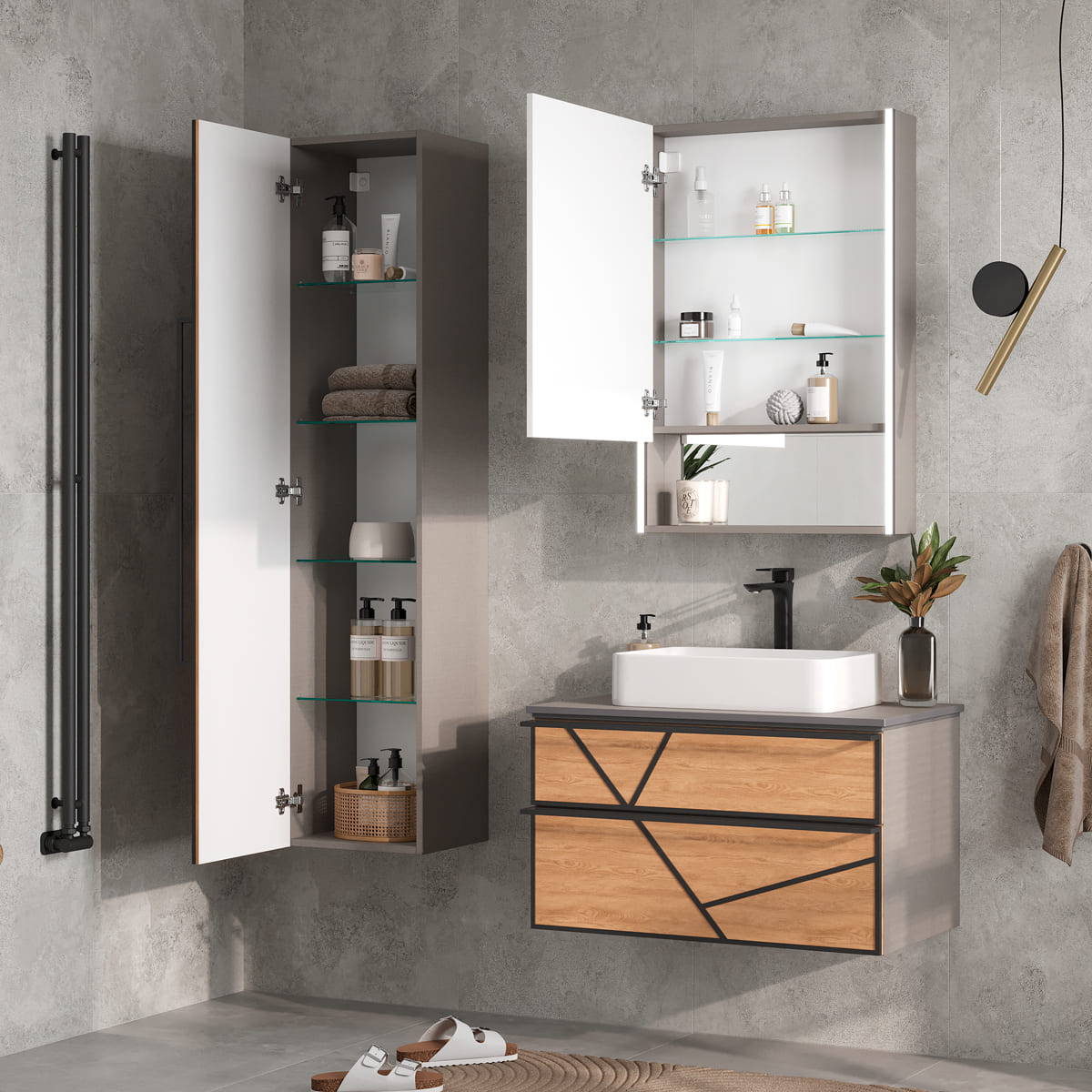 Тумба подвесная EQUIL Ferro 80 со столешницей, 2 ящика, лен антрацит/дуб мадера