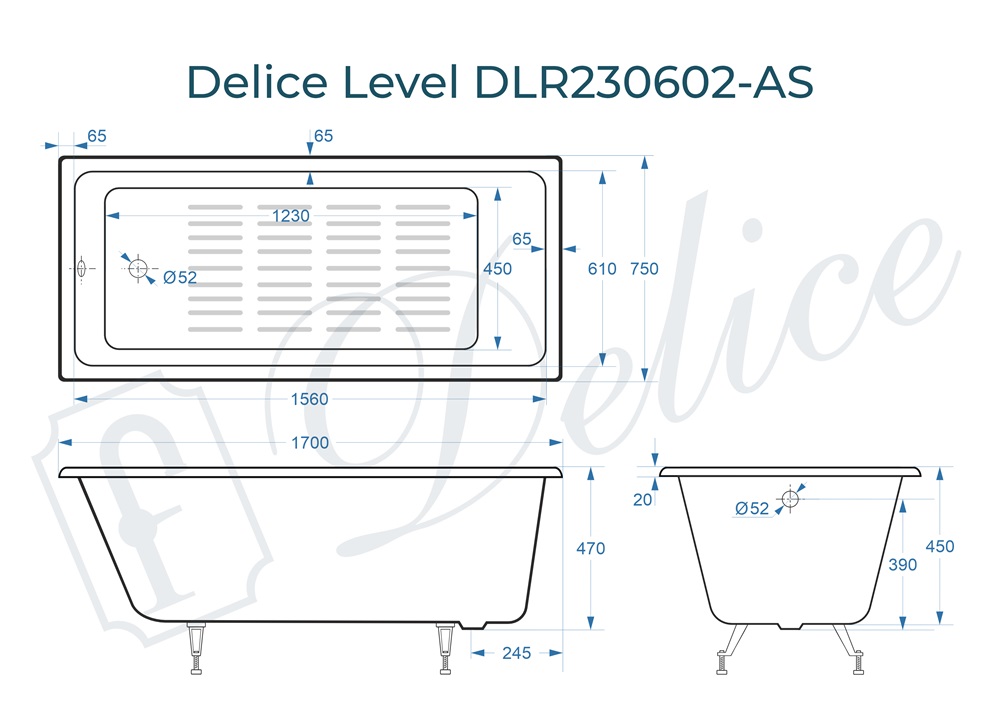 Ванна чугунная Delice Level 170х75 DLR230602-AS с антискользящим покрытием