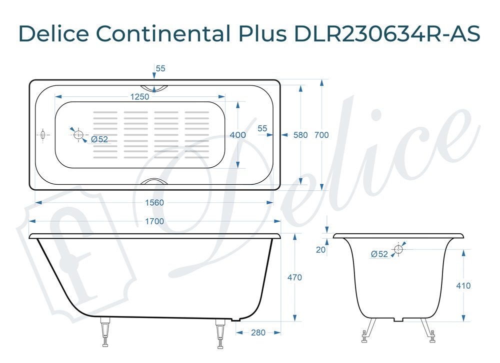 Ванна чугунная Delice Continental PLUS 170х70 DLR230634R-AS с отверстиями под ручки и антискользящим покрытием