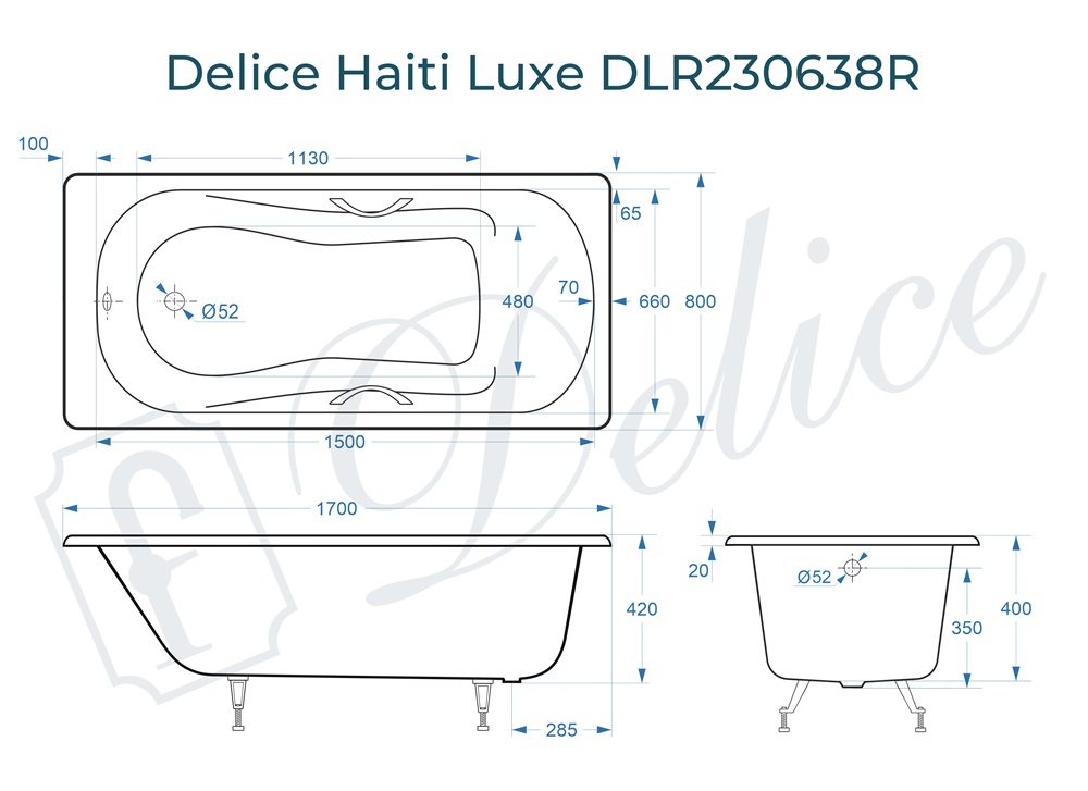 Ванна чугунная Delice Haiti Luxe 170х80 DLR230638R с отверстиями под ручки