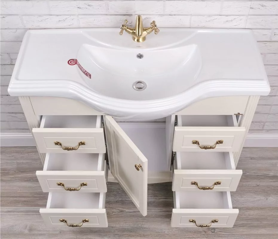 Тумба напольная ValenHouse Эллина 105/2 с раковиной Классик 105, 1 дверь, 6 ящиков, слоновая кость, бронза