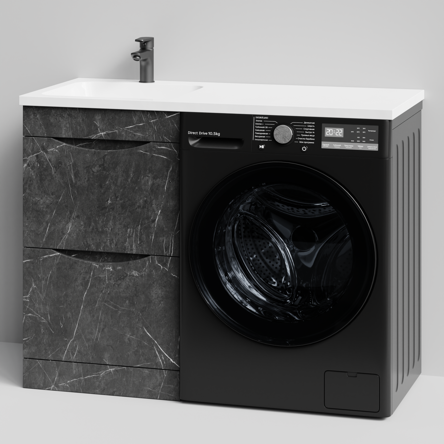 Тумба Vod-ok 48 с раковиной Смайл 110 напольная, под стиральную машину, левая, Мрамор Графит софт тач
