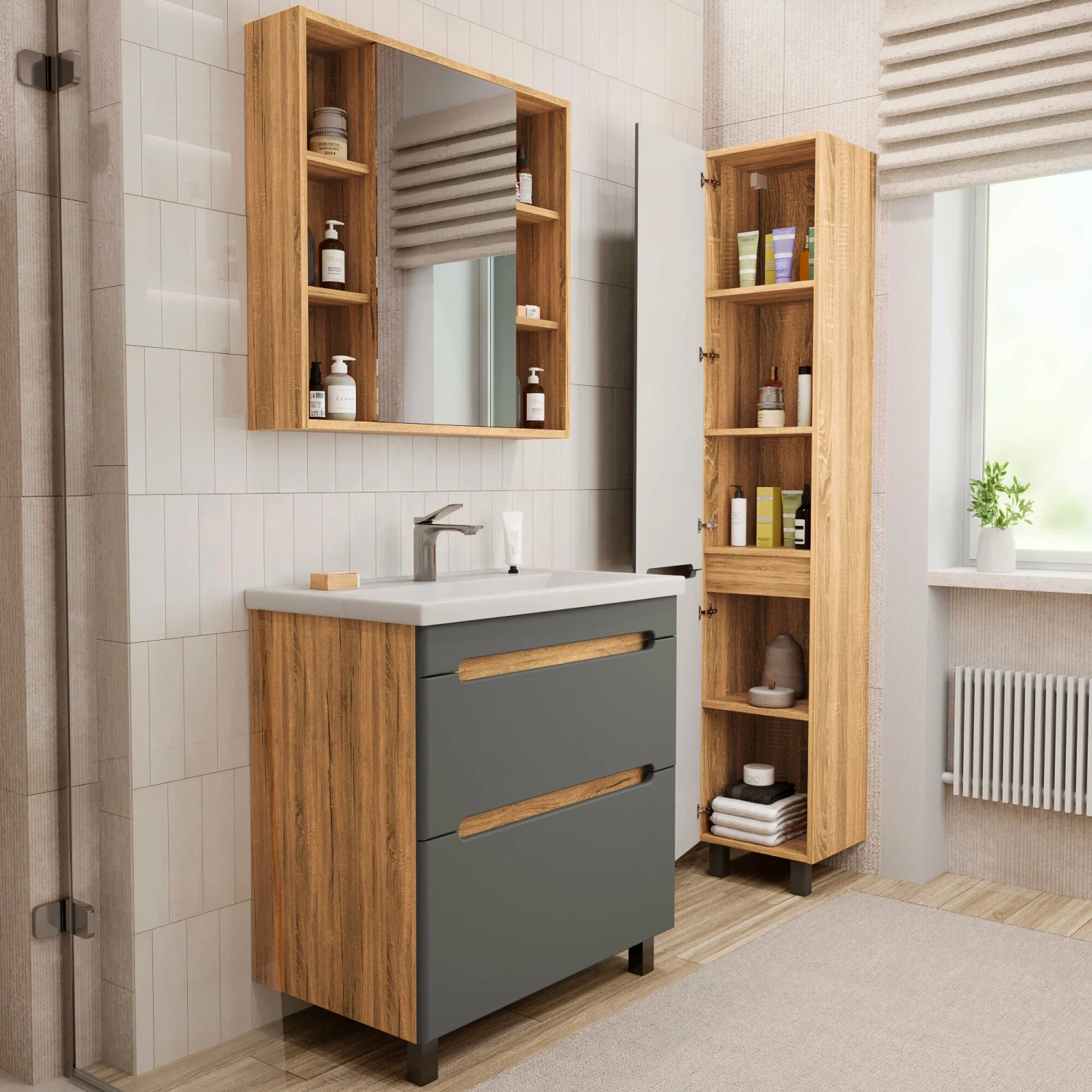 Тумба напольная SanStar Diva 80 с раковиной Como 80 Дуб вотан, графит софт