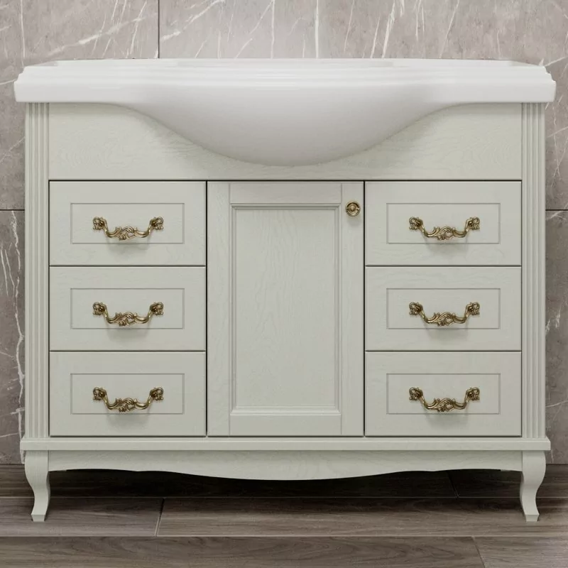 Тумба напольная ValenHouse Эллина 105/2 с раковиной Классик 105, 1 дверь, 6 ящиков, слоновая кость, бронза