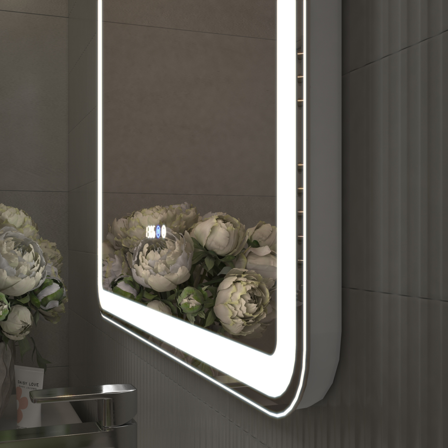 Зеркало Grani Luxe 60 с часами, свет, сенсор, белый