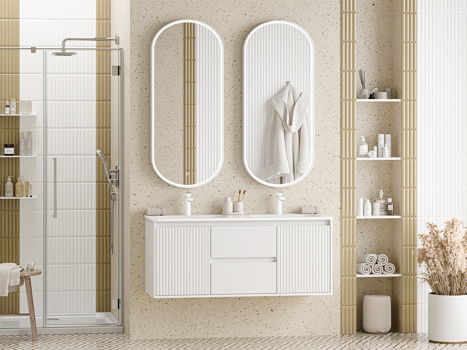 Тумба с раковиной Brevita Wine 120 подвесная (белая) с раковиной Brevita Onda 120 с двумя чашами