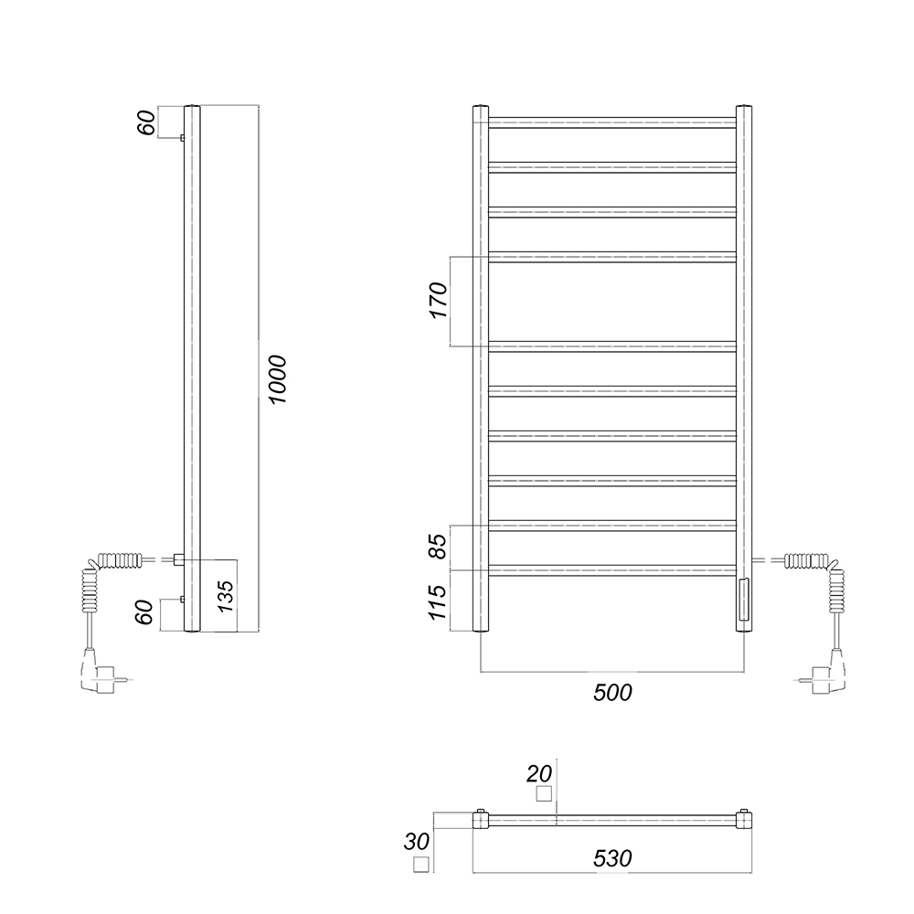 Полотенцесушитель электрический Domoterm DMT Квадро П10 500x1000 EK R хром
